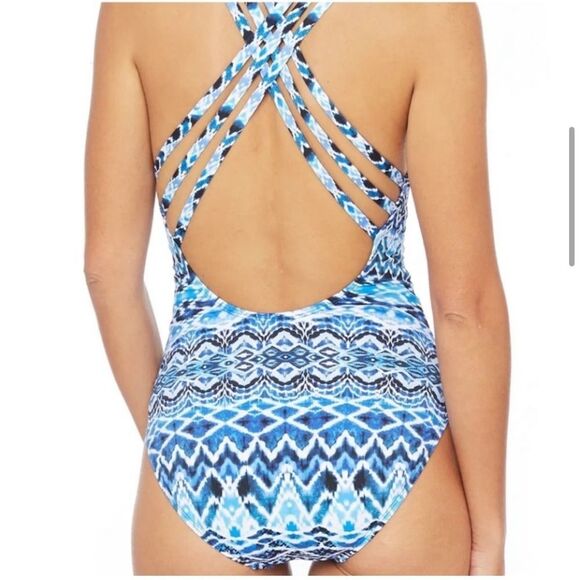 New La Blanca Oasis Ikat Multi Strap One Piece Swimsuit in Blue - Picture 4 of 8